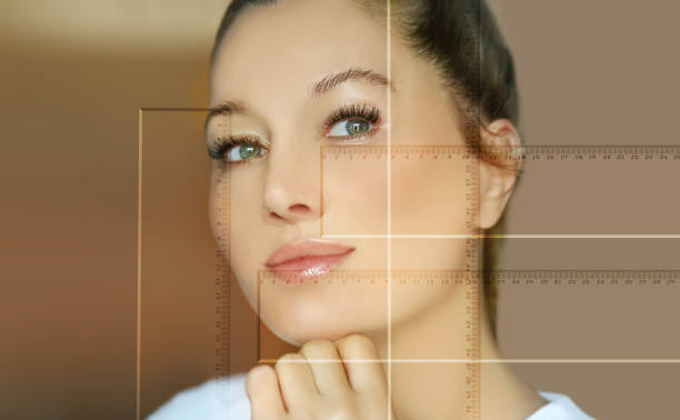 Woman with facial grid for facial recognition technology