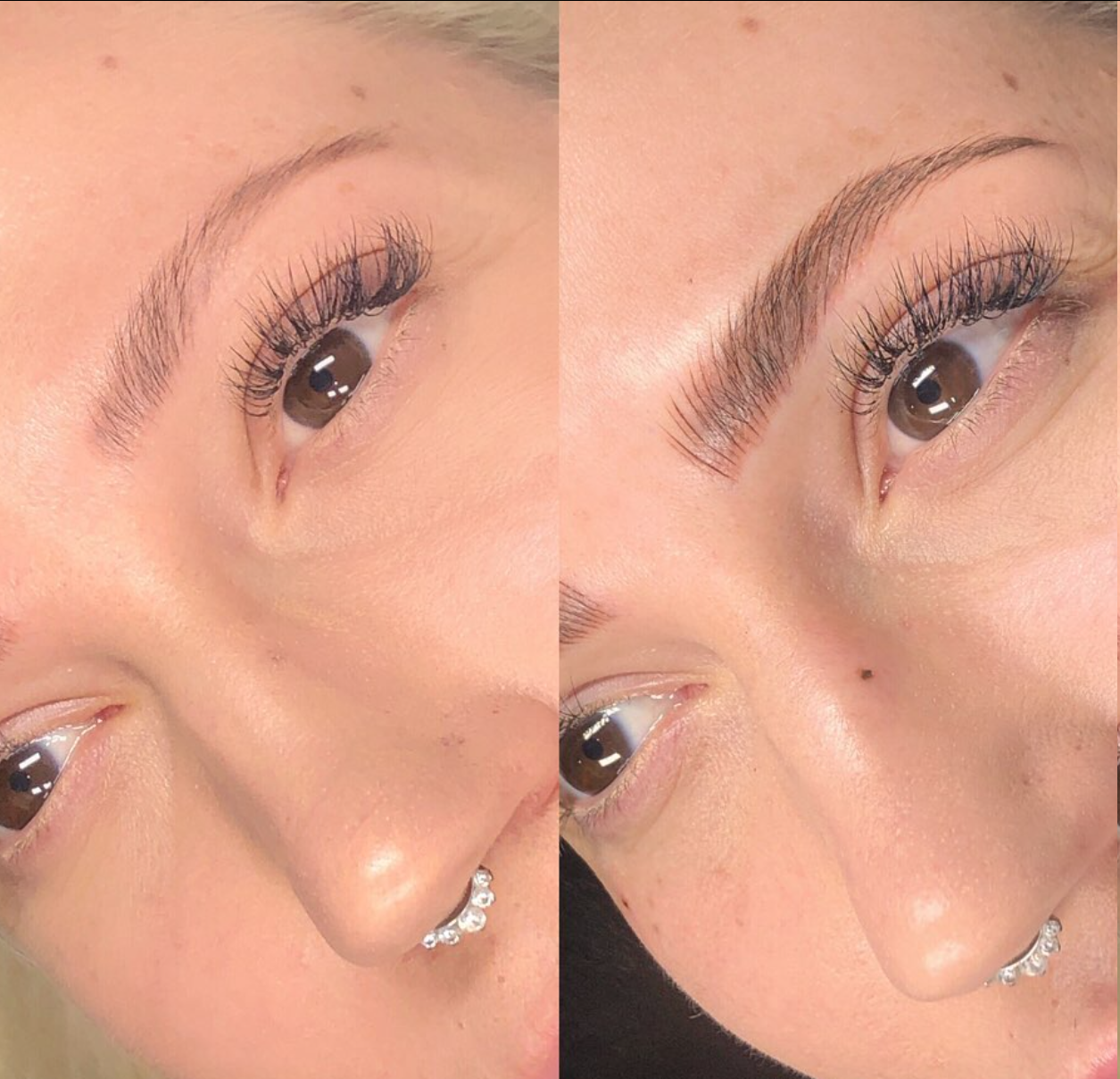 Before and after comparison of eyebrow microblading treatment emphasizing enhanced eyebrow thickness and shape